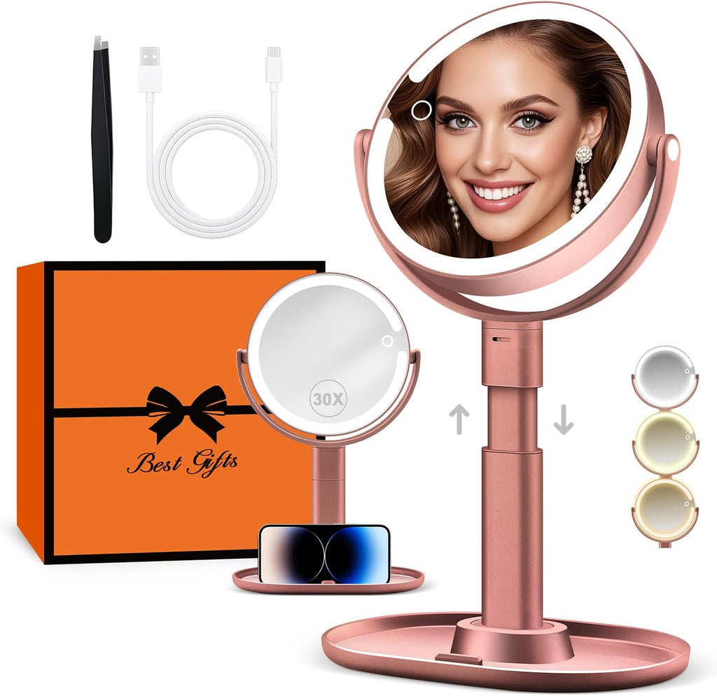 B Beauty Planet Makeup Mirror, Double-Sided Lighted Magnifying Mirror 30X
