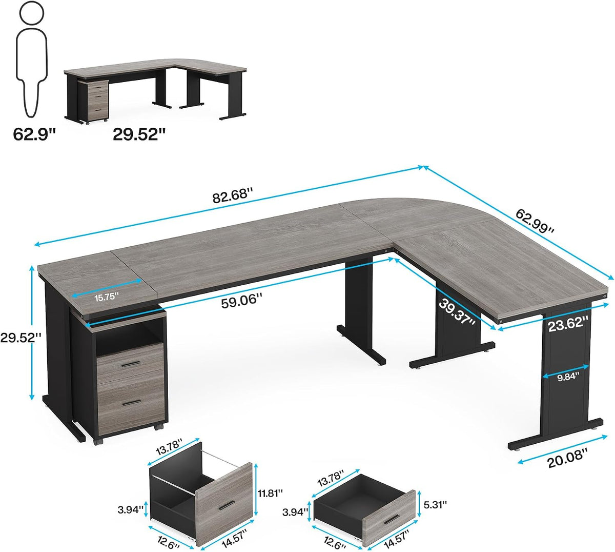 Tribesigns 83" L-Shaped Executive Desk, Large Office Desk with Drawes, Industrial Corner Computer Table with File Cabinet, Business Workstation for Home Office (Gray, 83")