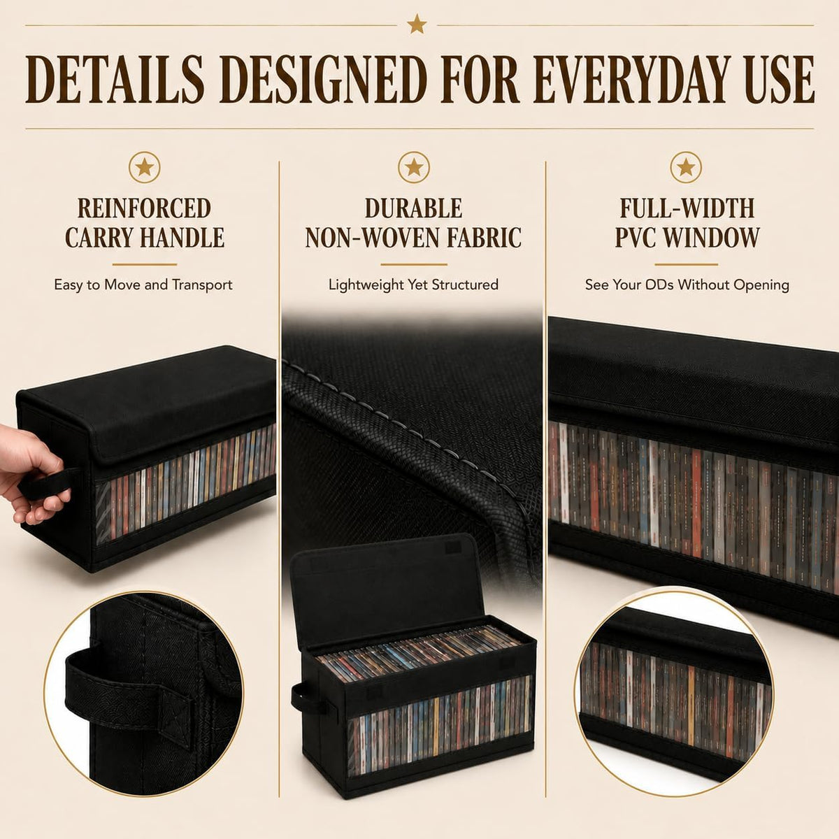 Stackable DVD Storage Box with Visible Window and Handles, Premiun Fabrics 4 Packs DVD Storage Case 15.7'' x 6.1'' x 8.1'' Holds Up to 100 DVDs in Full,Suitable for Home, Office, Media Room