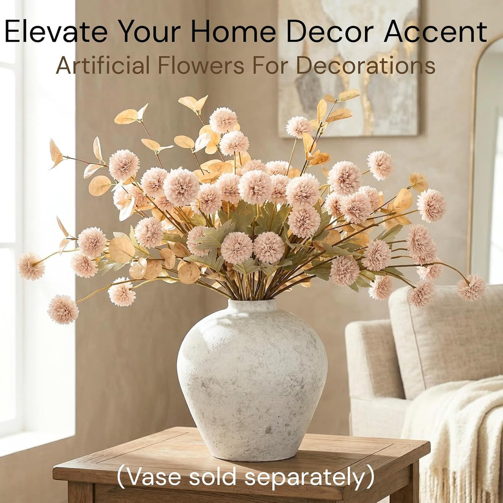 Artificial Flowers for Vase - 12 Stems Beige Faux Silk Mums with Eucalyptus