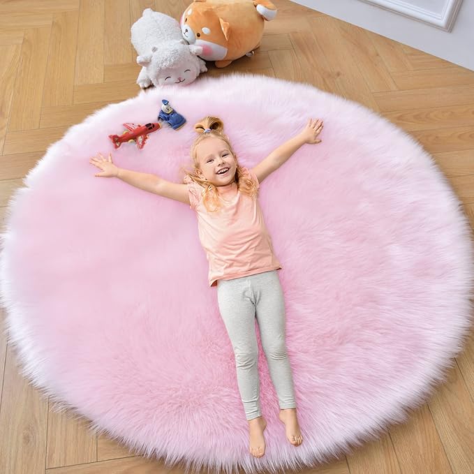 duduta Pink Faux Sheepskin Round Rug 4x4 ft, Fluffy Shag Fur Bedroom Nursery - Image 5
