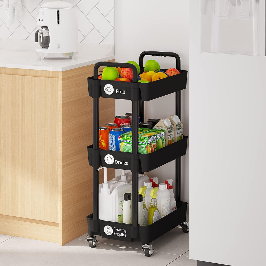 3 Tier Rolling Cart with Wheels, Utility Storage Carts,Black
