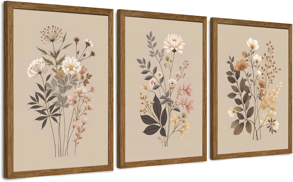 AVECCO 3 Piece Vintage Wildflower Botanical Framed Canvas Wall Art 12x16 in