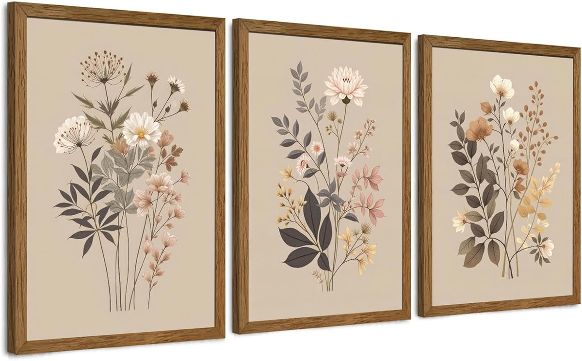 AVECCO 3 Piece Vintage Wildflower Botanical Framed Canvas Wall Art 12x16 in