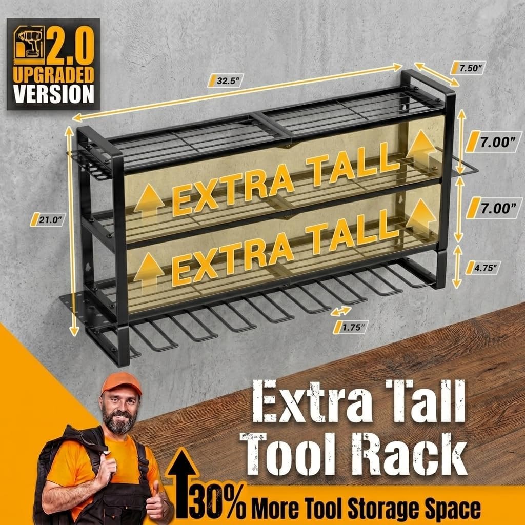 Extra Tall Power Tool Organizer Wall Mount, Drill Holder Storage Rack Shelf