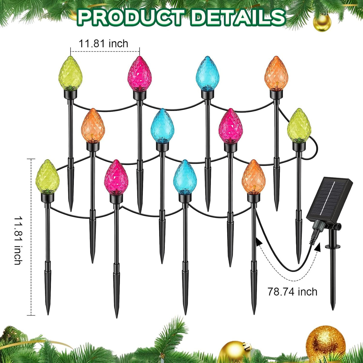 Solar Christmas Pathway Lights with 12 Multicolor Strawberry Shaped Bulbs