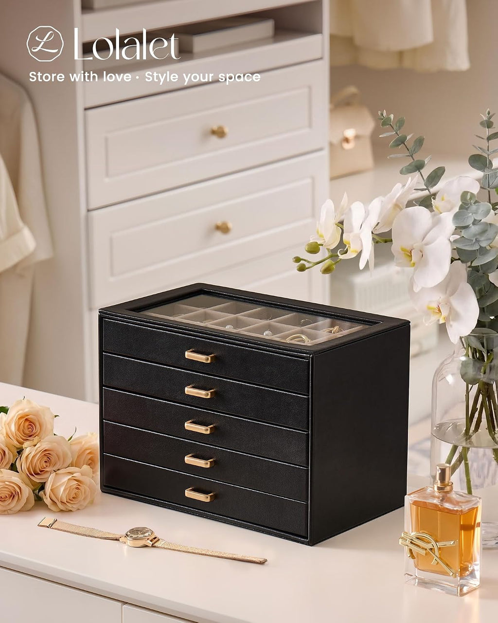 Lolalet Earring Organizer, Jewelry Box with Clear Lid -Black, 5 Layer
