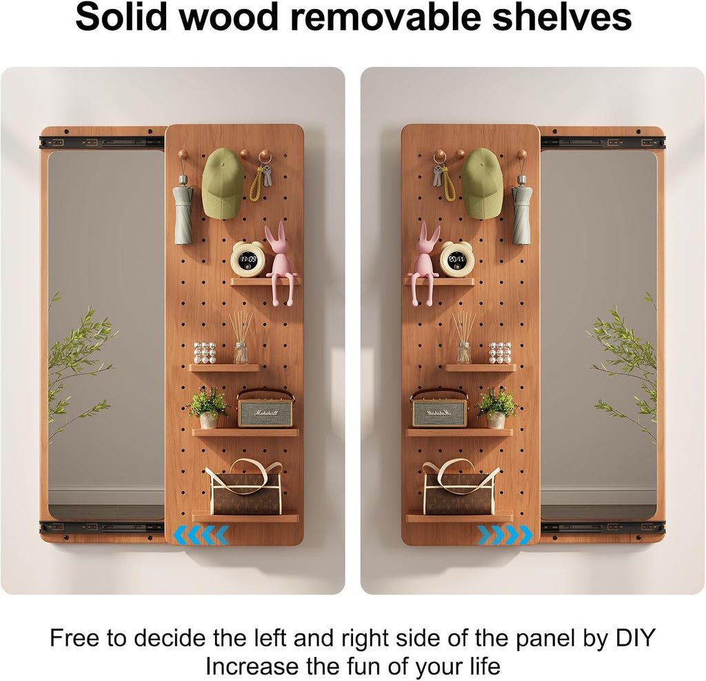 KungFuWood Full Length Mirror with Shelf and Hooks,Entry Way Mirrors for Wall,Wall Mirror with Shelf,Wall Mirror with Storage Multifunctional Design Panel,Living Room (Cherry, 52.4" L x 19" W)
