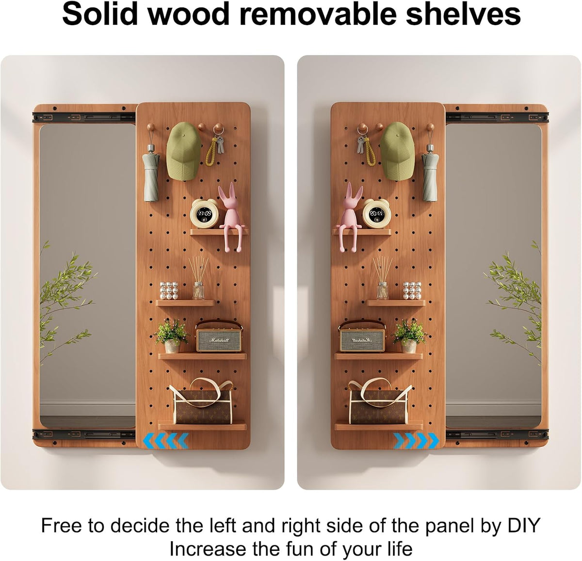 KungFuWood Full Length Mirror with Shelf and Hooks,Entry Way Mirrors for Wall,Wall Mirror with Shelf,Wall Mirror with Storage Multifunctional Design Panel,Living Room (Cherry, 52.4" L x 19" W)