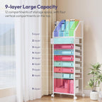 9-Tier Rolling File Cart - Paper Organizer with Drawer and Trays, Wood Desk Office Organizer, Office Organization and Binder Storage for Workspace, Home, School, White
