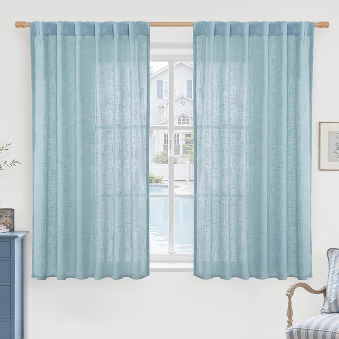 LAMIT Stone Blue Linen Curtains 54 Inch Length 2 Panels, Light Filtering Panels by LAMIT