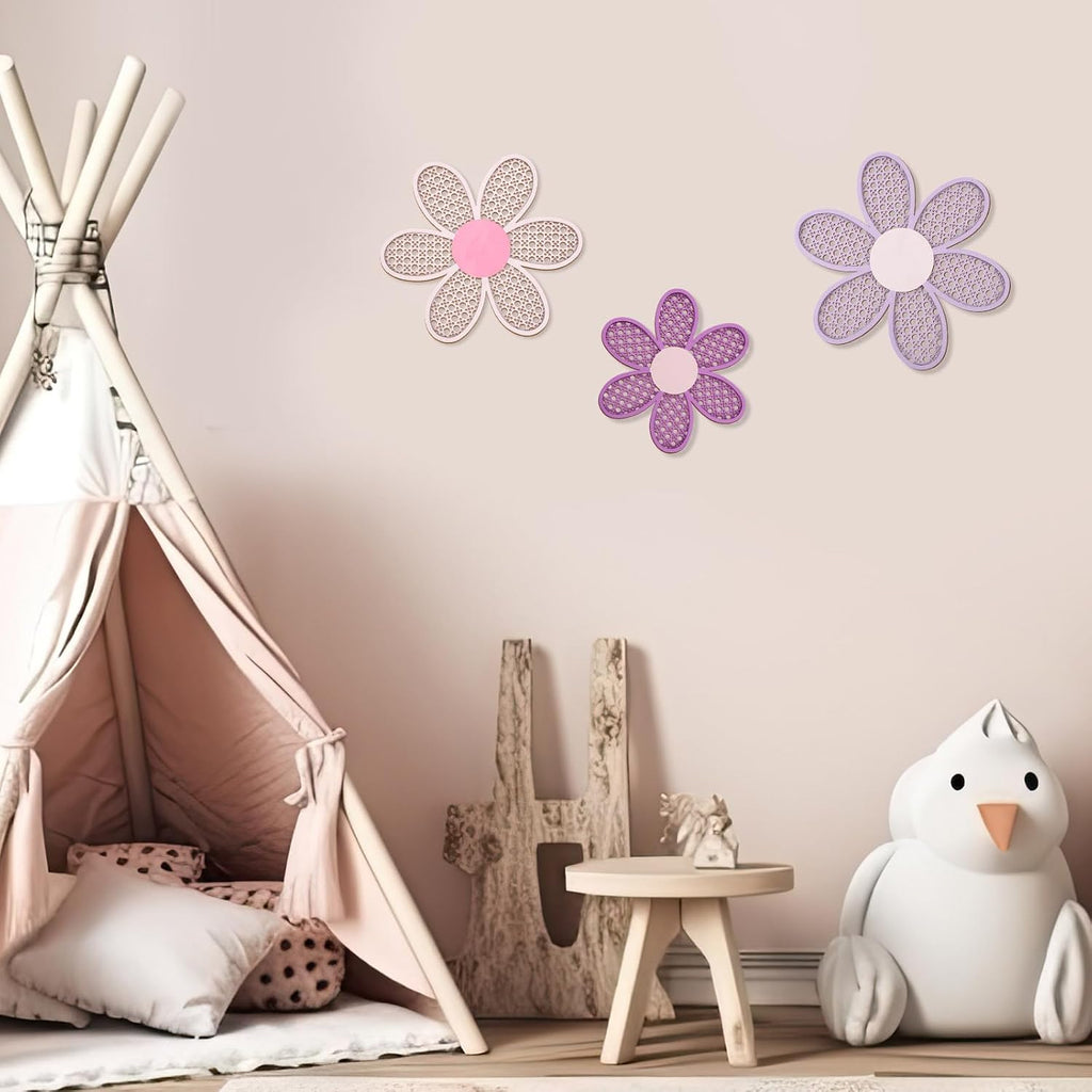 Maitys 3 Pcs Boho Daisy Flower Wall Decor Nursery Art, Pink, Purple