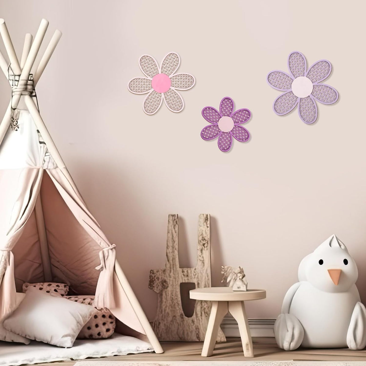 Maitys 3 Pcs Boho Daisy Flower Wall Decor Nursery Art, Pink, Purple