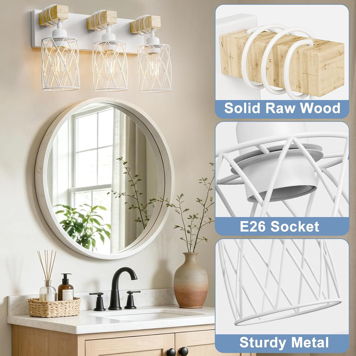 IZORRO Farmhouse Bathroom Vanity Light, 3-Light Wood Bathroom Light Fixtures Over Mirror, Matte White Industrial Vanity Lights with Metal Shade, Rustic Restroom Lighting Fixtures
