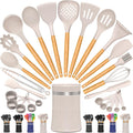 Kitchen Cooking Utensils Set, 26 Pcs Non-stick Silicone Kitchen Utensil Spatula Set with Wooden Handles, Silicone Kitchen Gadgets Utensil Set for Cookware(Khaki)