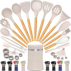 Kitchen Cooking Utensils Set, 26 Pcs Non-stick Silicone Kitchen Utensil Spatula Set with Wooden Handles, Silicone Kitchen Gadgets Utensil Set for Cookware(Khaki)