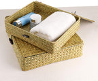 Hipiwe 2 Packs Flat Wicker Basket Box with Lid Woven Seagrass Storage Bins