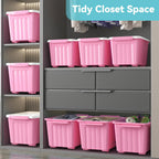 Nazhura Plastic Storage Bin, Stackable and Nestable Storage Boxes with White Lids and Secure Latching Buckles, Large Storage Container (Pink/White, 72Quart-4Pack)