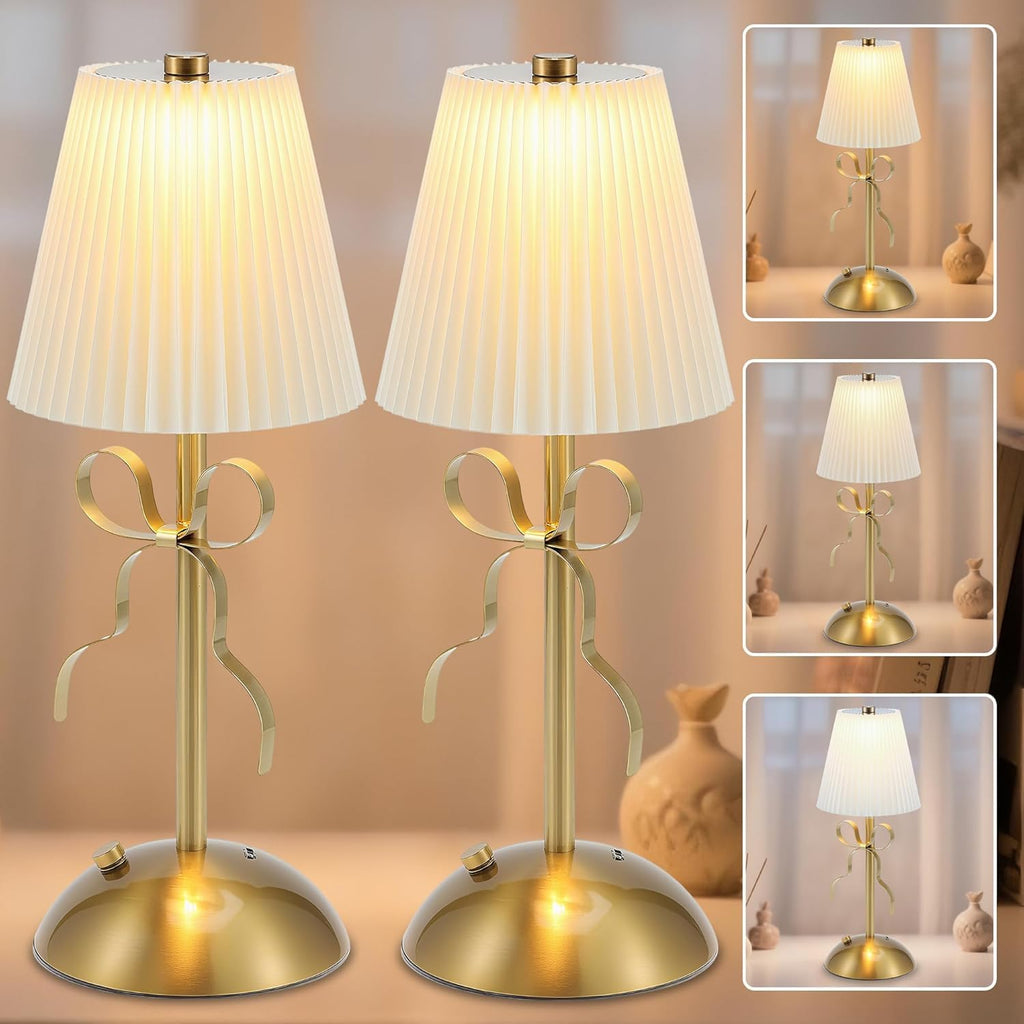 Cordless Table Lamp, Small Gold Bow Night Light, LED Rechargeable