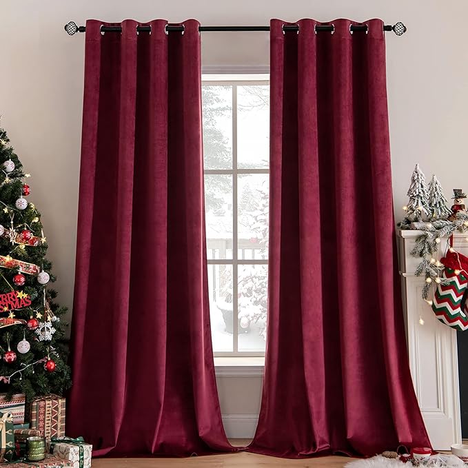 MIULEE Christmas Burgundy Velvet Curtains Solid Soft Red Blackout Curtain by MIULEE