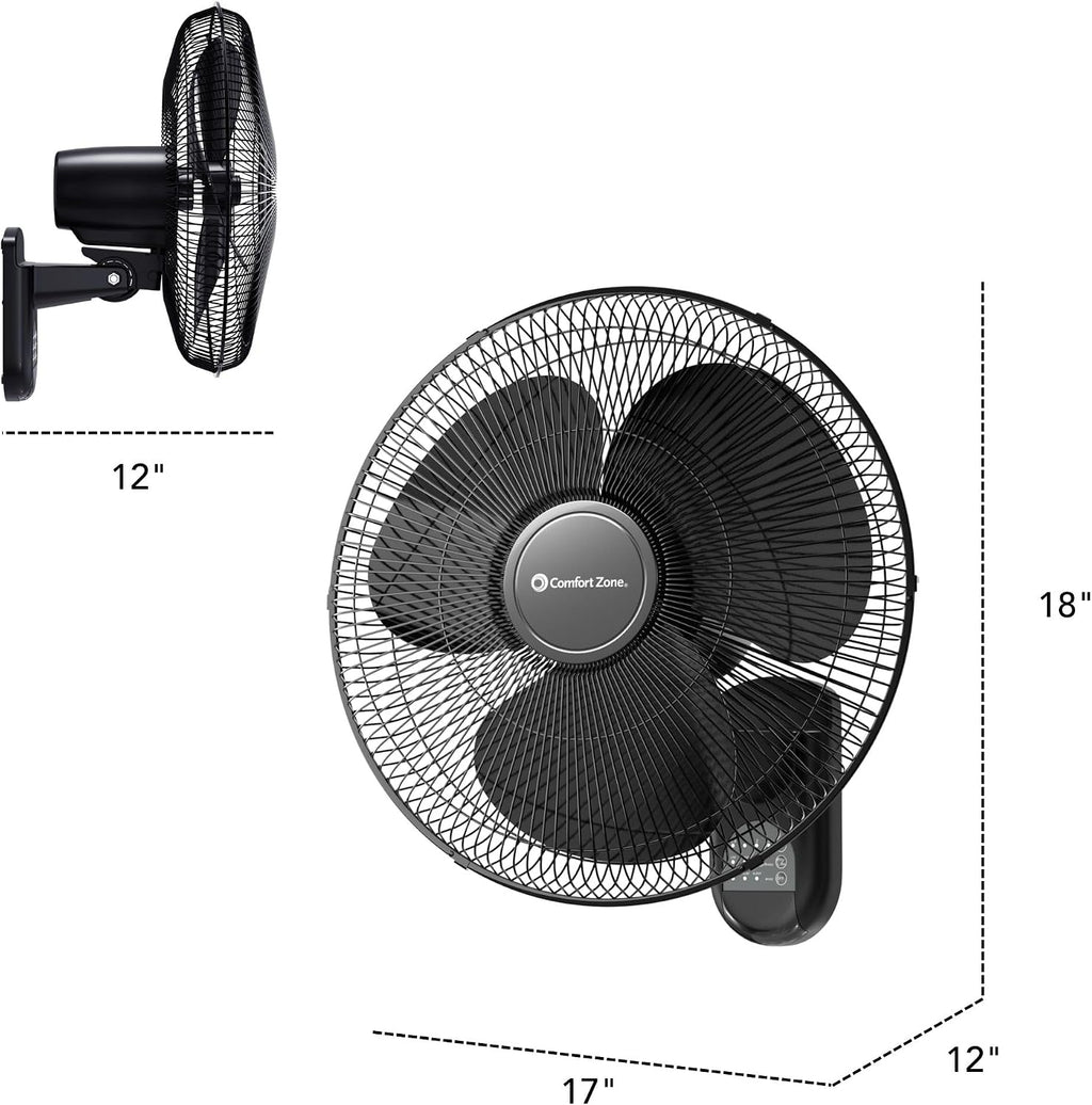 COMFORT ZONE 16" Oscillating Wall Mount Fan with Remote & Timer - Black