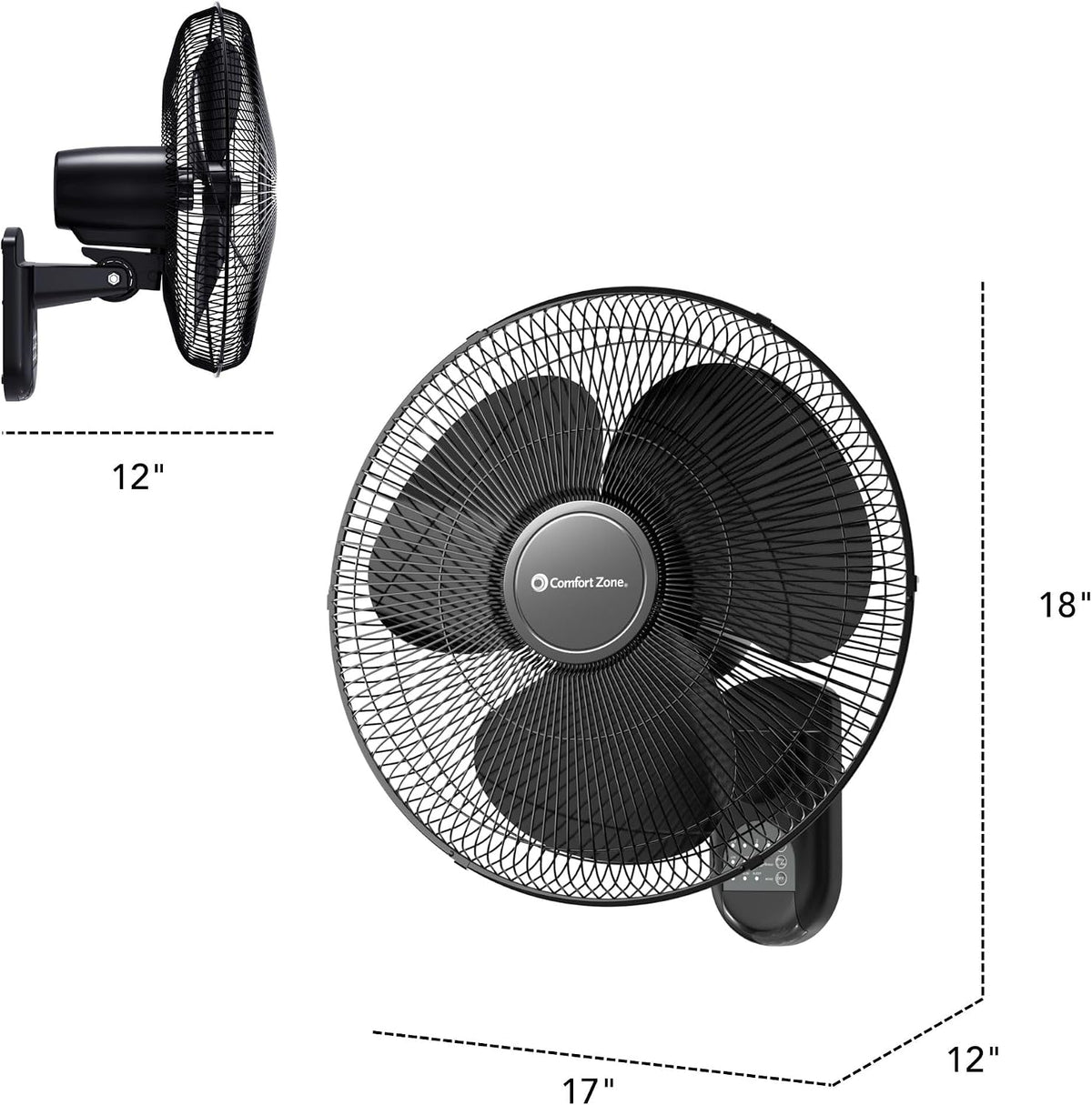 COMFORT ZONE 16" Oscillating Wall Mount Fan with Remote & Timer - Black