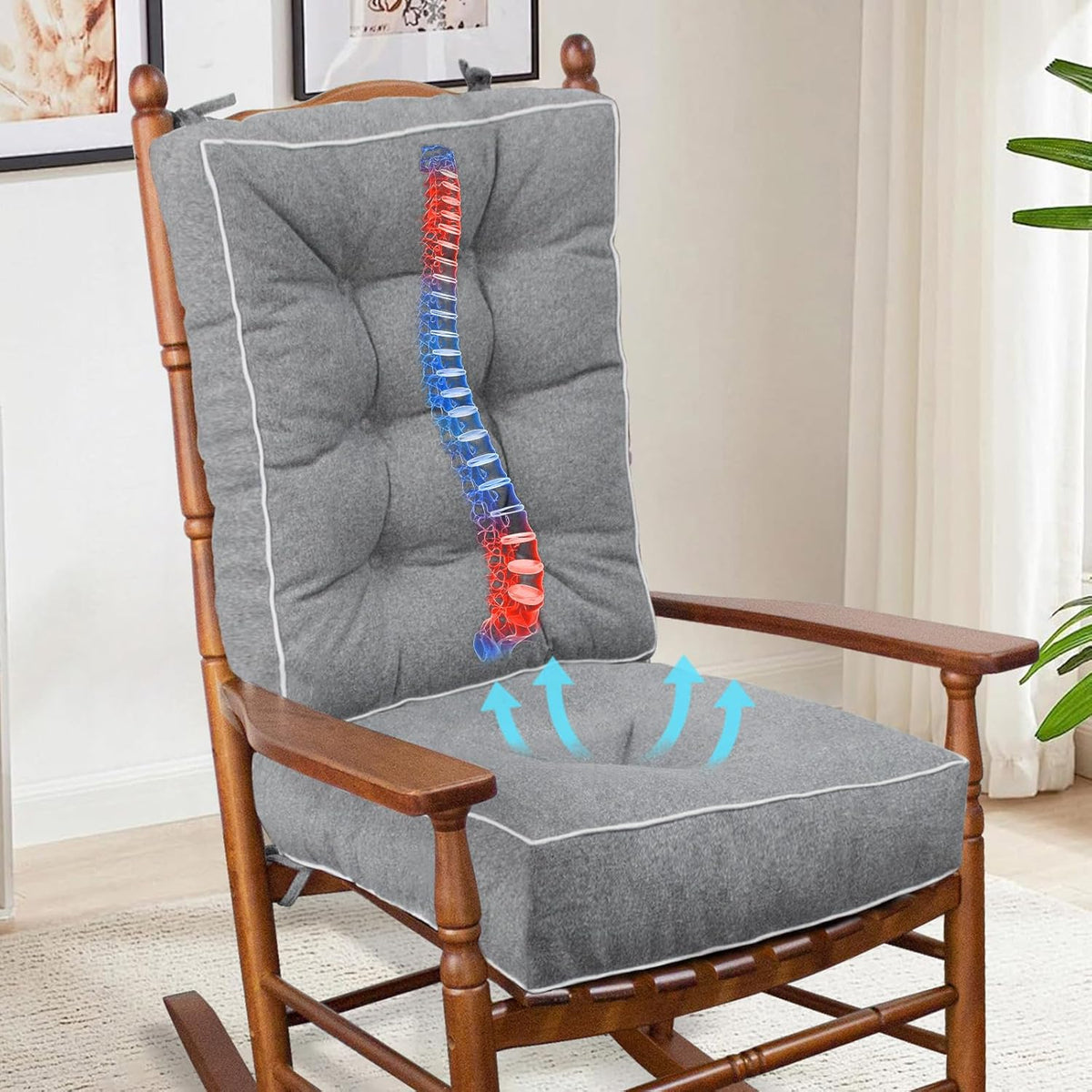 YZ HOME Jumbo Rocking Chair Cushion with Memory Foam for Outdoor/Indoor,Set of Thicken Seat & Back Chair Cushions with Ties,Non-Slip Chair Pad for Rocker,Light Grey,28 * 18 * 5/18x18x5 of 2 piece