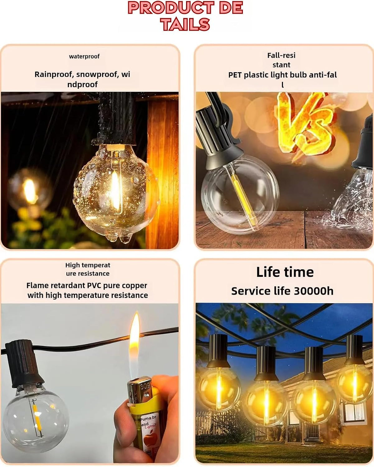 100FT Outdoor String Lights with 102 Shatterproof G40 LED Clear Globe Bulbs for Indoor/Outdoor, 2-Pack 50FT Connectable Hanging Lights for Party Decor