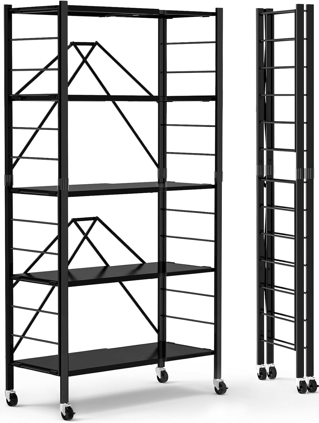 Himix 5-Tier Foldable Expandable Storage Shelves Wheels Kitchen 2-in-1 Rack