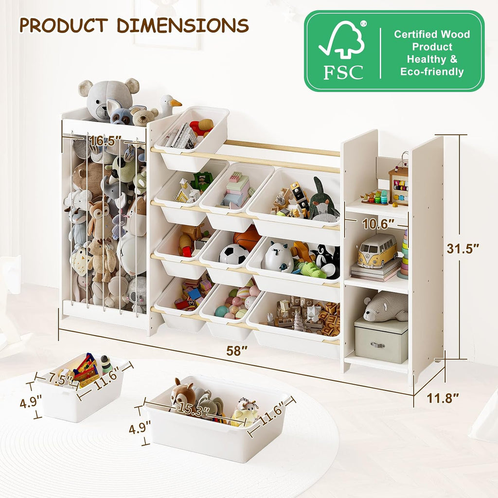 3-in-1 Kids Toy Storage Organizer, White Solid Wood, White Bins