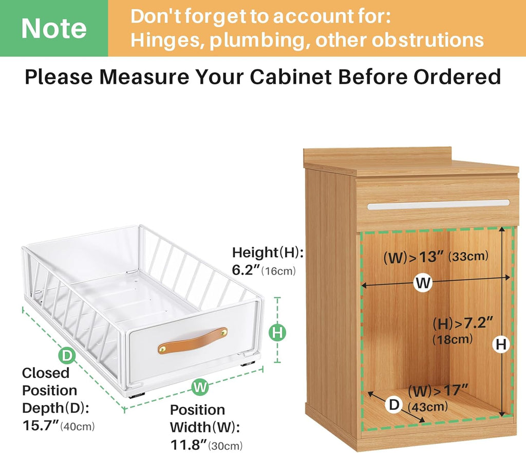 Pull out Cabinet Organizer,Heavy Duty Slide out Pantry Shelves Drawer Storage with Adhesive Nano Film,Sliding Mesh Cabinet Basket with Handle for Kitchen, Bathroom, Home, 11.8W" X 15.7"D X 6.2"H,White