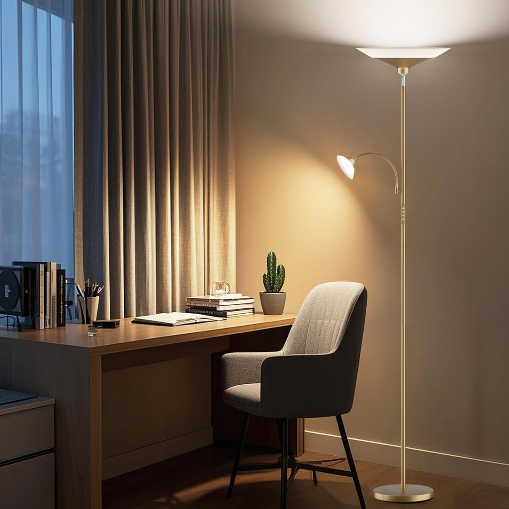 SIBRILLE Gold Torchiere Floor Lamp - 2 Way LED Standing Lamp with Reading Light, Dimmable 72'' Tall Lamp with Remote Color Changing, 34W Mordern Uplighter for Living Room Bedroom Office