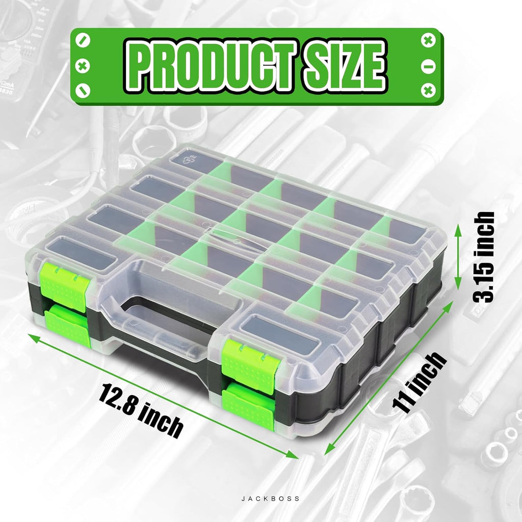 Jack Boss Tool Box with Transparent Lid, Double Side 34-Compartments Organizer Box with Removable Dividers for Hardware, Screws, Bolts, Nails, Beads, Jewelry and Fishing Accessories, Green, 2 Pack