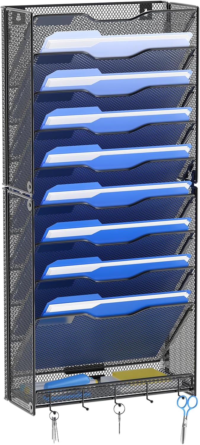 OUTWOLF Hanging Wall File Organizer with Hooks, 12 Tier Vertical Wall Mount File Holder, File Folder Wall Organizer for Office