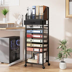 9-Tier Rolling File Cart - Paper Organizer with Drawer and Trays, Wood Desk Office Organizer, Office Organization and Binder Storage for Workspace, Home, School, Black