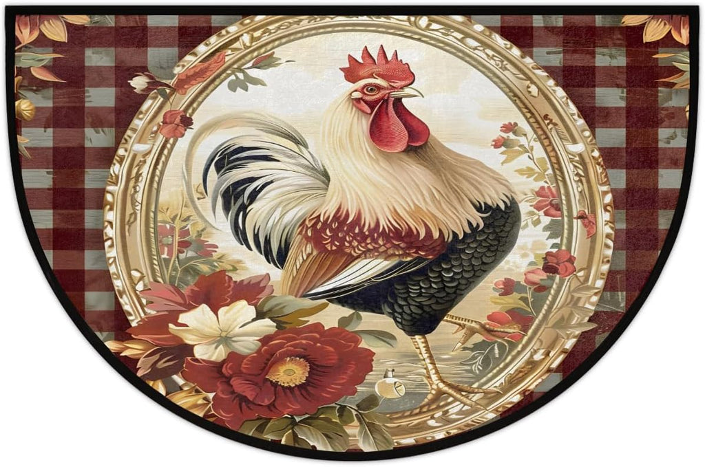 Half Round Door Mat Vintage Plaid Rooster Chicken Non-Slip Semi Circle Area Rug Washable Half Moon Hearth Rugs for Indoor Outdoor Bathroom Kitchen Patio Runner Mat Laundry Room Home Decoration