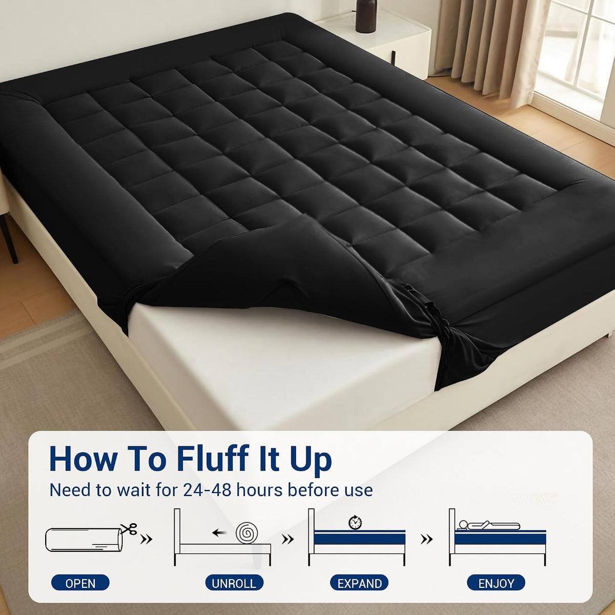 Breathable and Comfortable Mattress pad for Back Pain Relief. Features a 360° Full Enclosure Design to Prevent Slipping and Shifting（Black,Twin 38"x75"）
