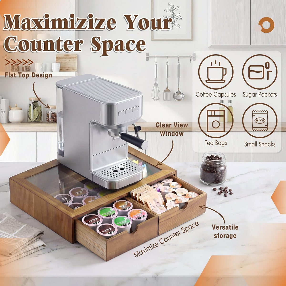 Wooden Coffee Pods Organizer Storage Box with Acrylic Lid, Natural