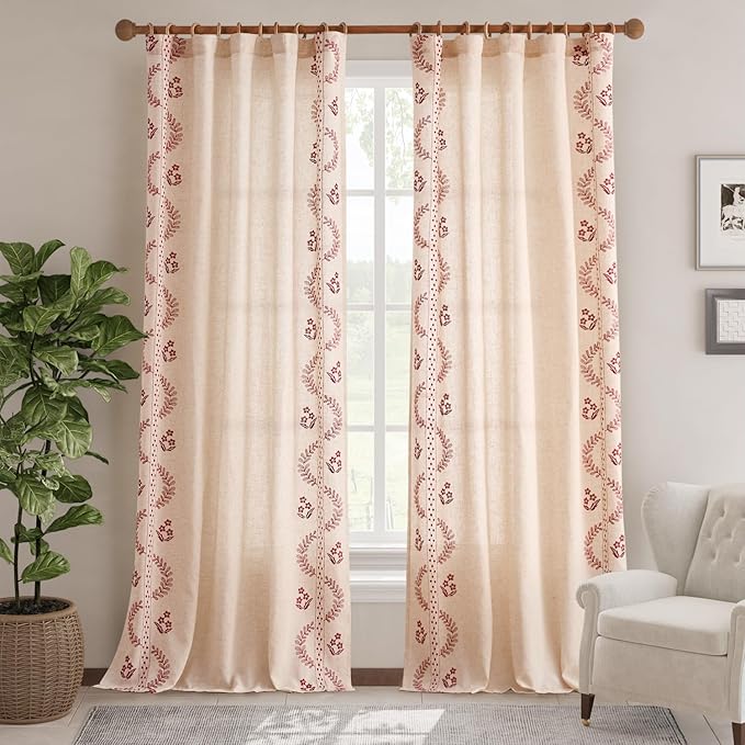 jinchan Belrose Linen Curtains for Bedroom Floral Curtains 96 Inch Length Linen - Image 2