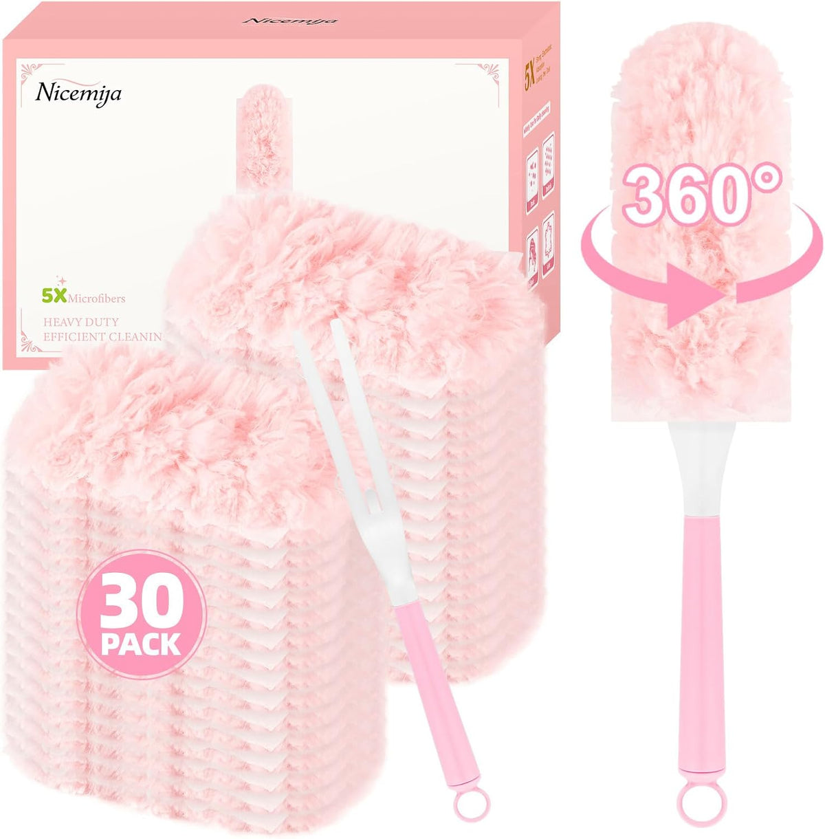 Duster Refills for Swiffer Duster, 30 Count Pink Duster Kit with Handle