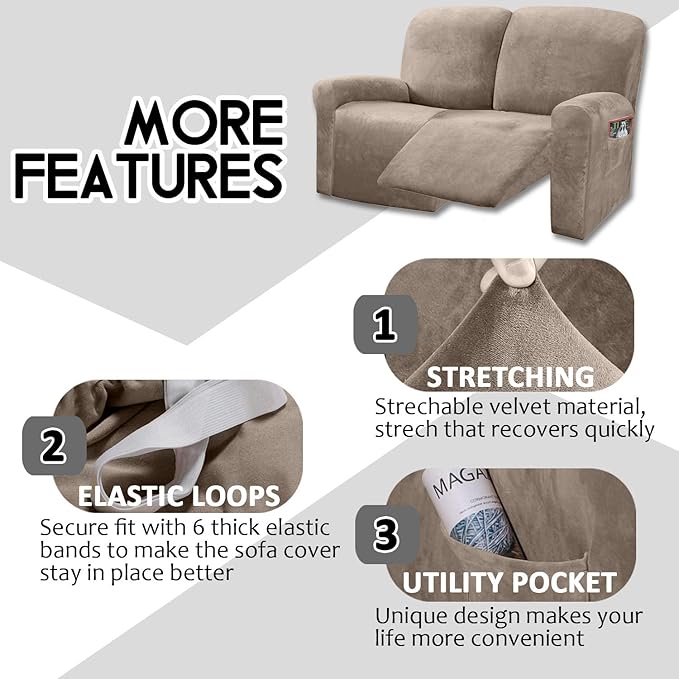 ULTICOR Reclining Love Seat Sofa Cover, 48-65'' L, Velvet Stretch - Image 4
