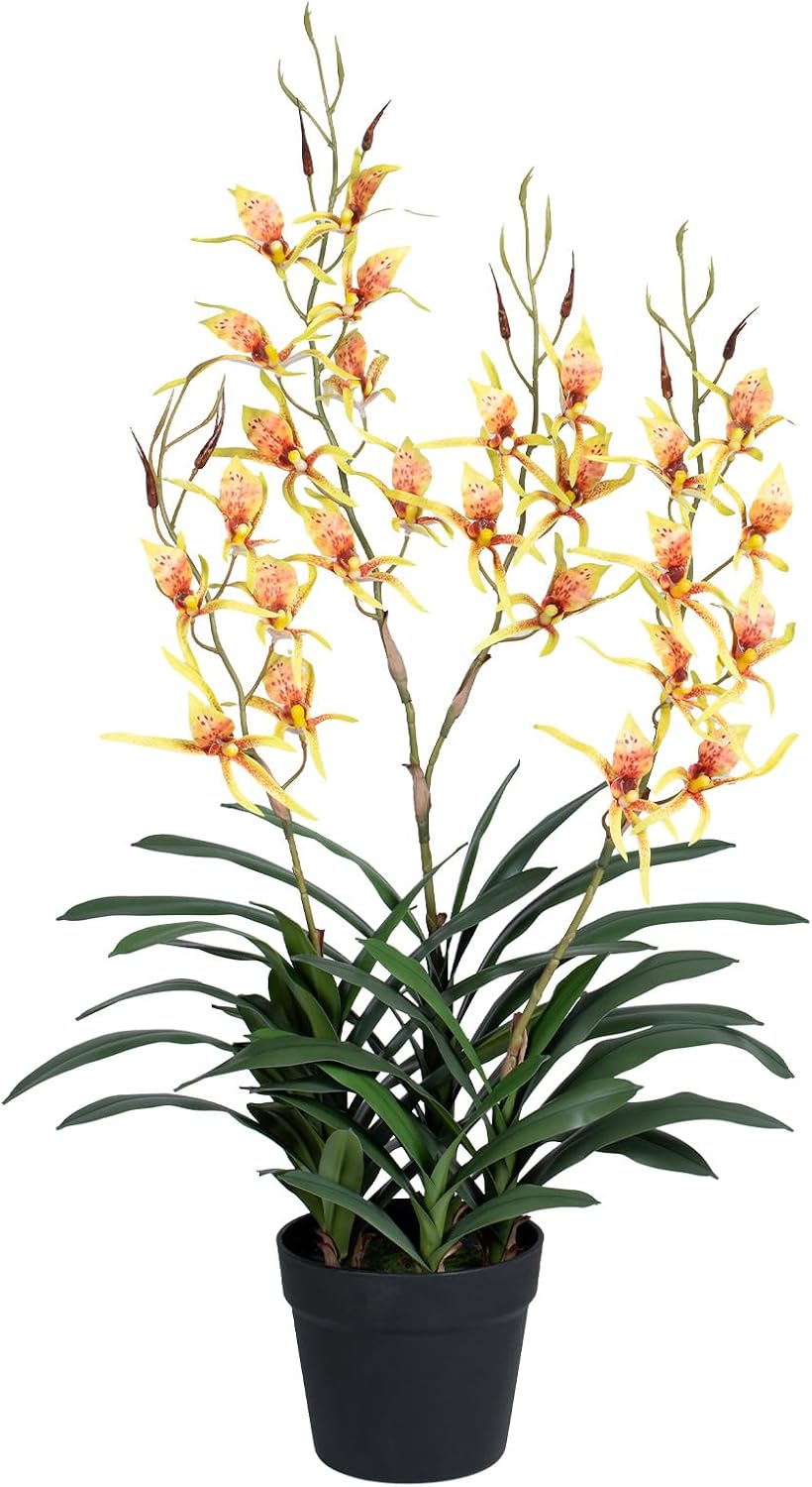 29.5" Artificial Dendrobium Orchid with Black Pot, Orange-Yellow Faux Orchid, Artificial Flowers for Sunroom, Office & Warm Home Accent Decor, Set of 1