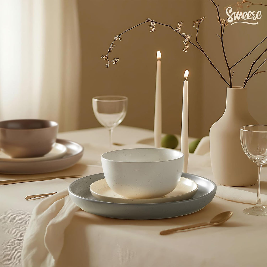 Sweese Dinnerware Sets Service for 4, 12 pcs Matte Speckled Glaze Plates and Bowls Sets, Handmade Ceramic Dish Set, Highly Chip and Crack Resistant Modern Plate Set, Multi-color