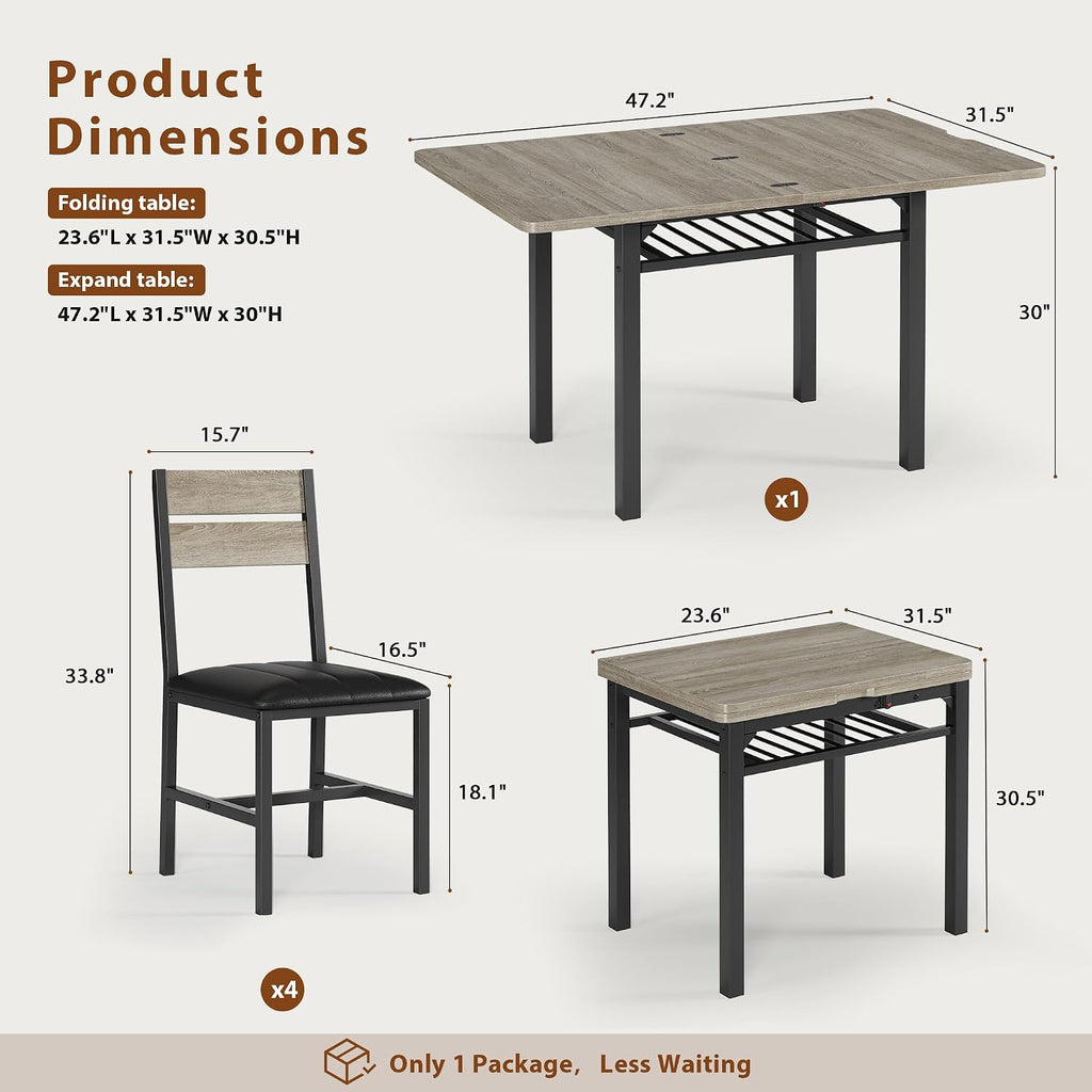 Extendable Dining Table Set for 4 with Shelf Rack&4 PU Leather Chairs Grey
