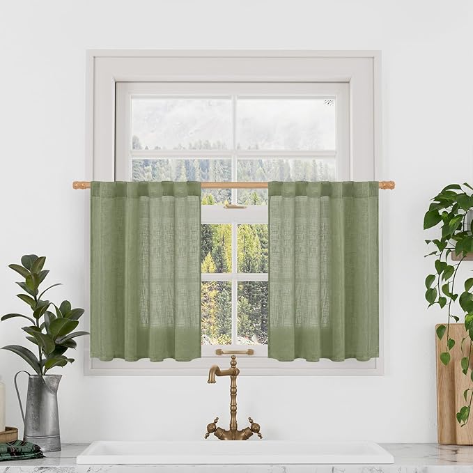 LAMIT Sage Green Linen Curtains 24 Inch Length, Semi Sheer Light Filtering by LAMIT