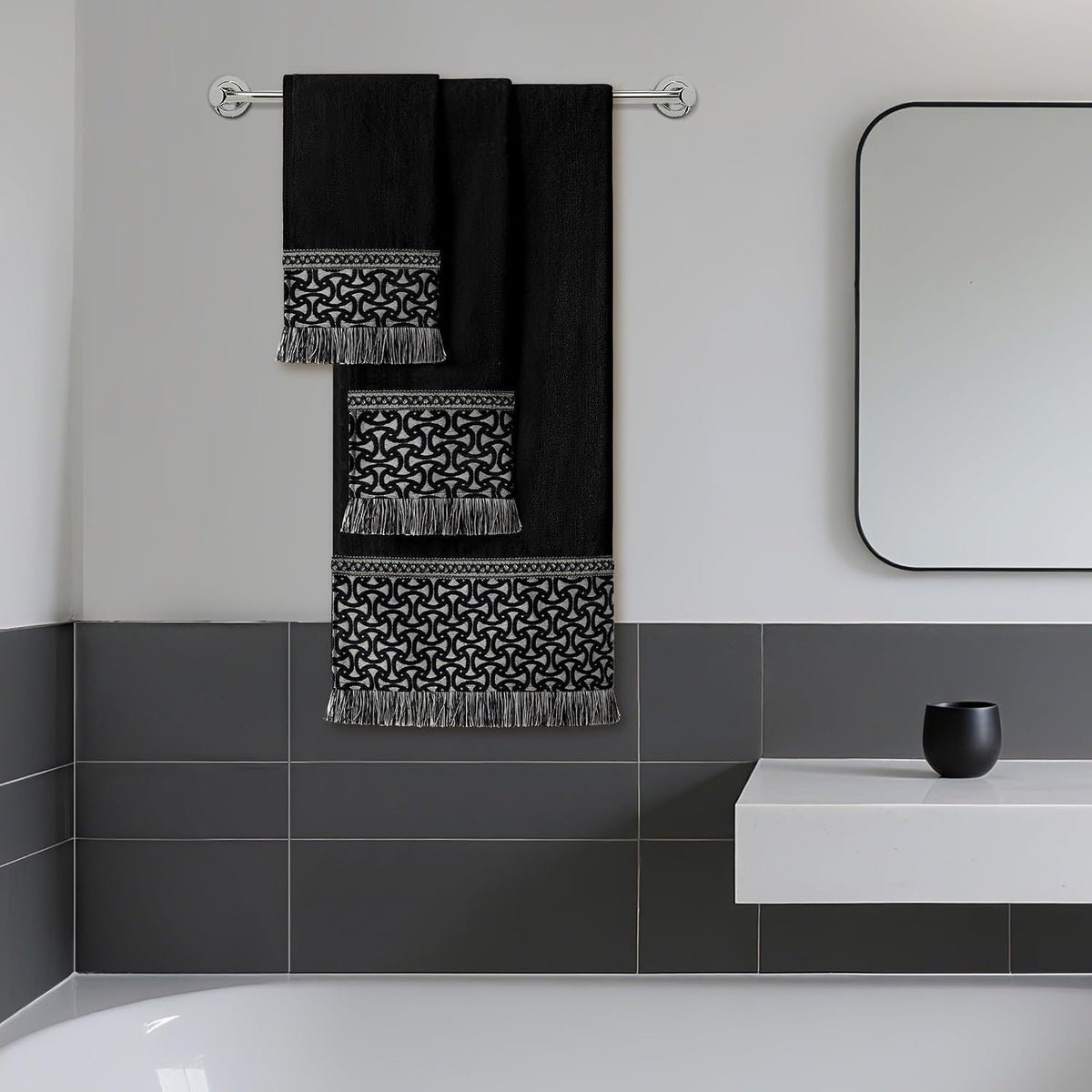 Loom and Mill Geometric Cotton Jacquard Bath Towel Set 3 Piece, Gray&Black