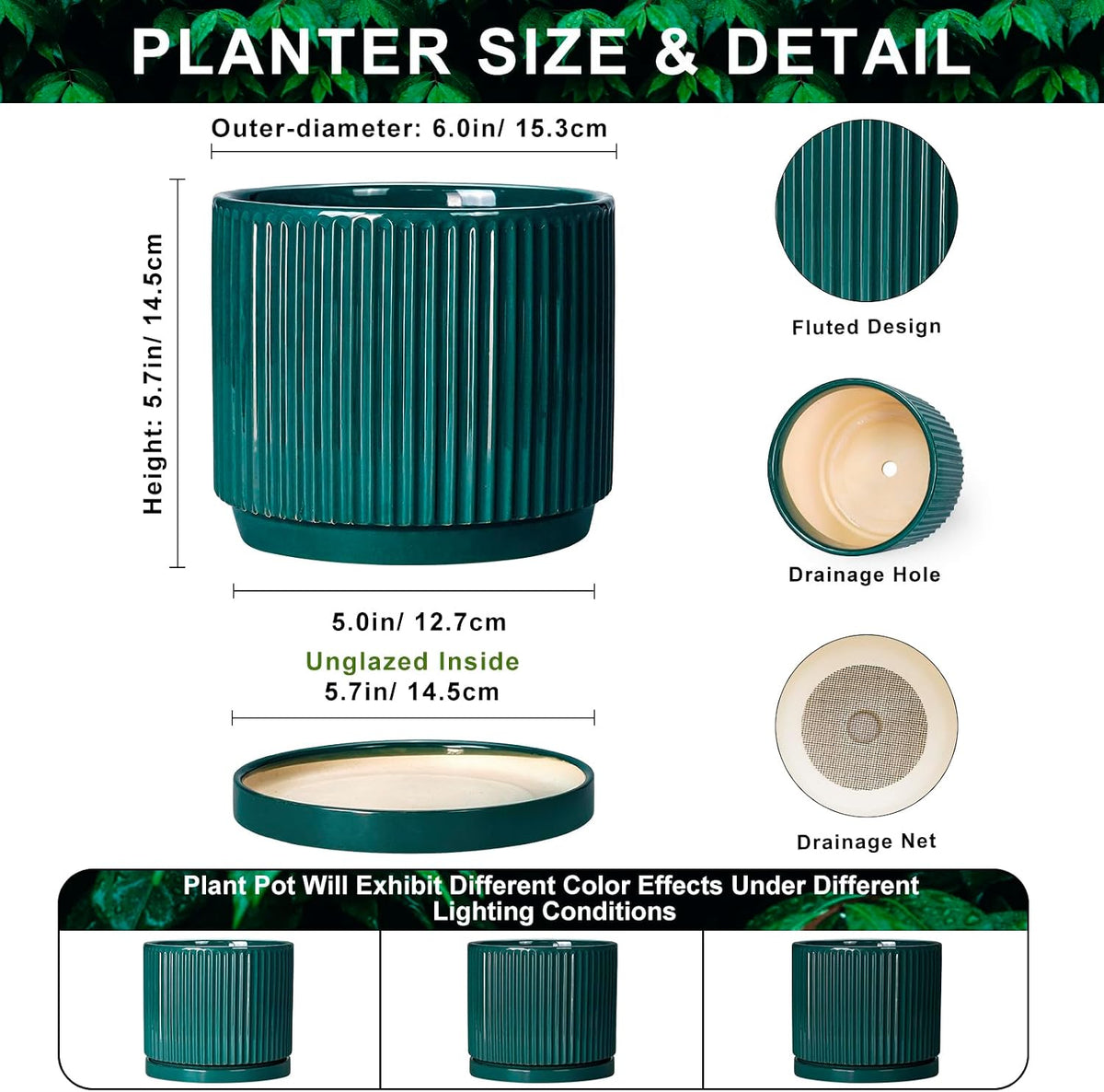 Ceramic Planter, 6 Inch Pots for Plants with Tray, Blackish Green