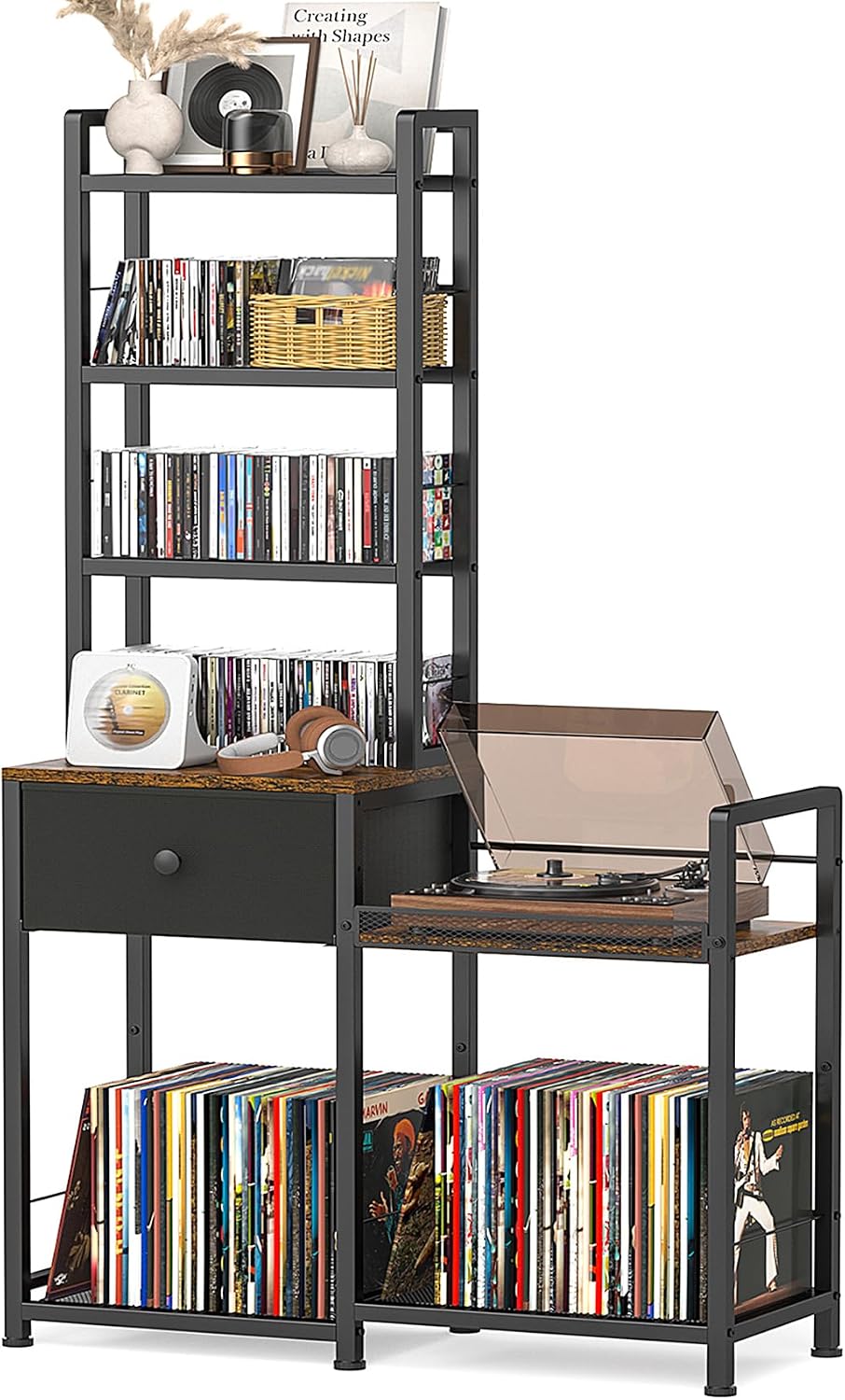 ikkle CD Rack with Drawer, 7-Tier DVD Organizer Shelf with Vinyl Storage