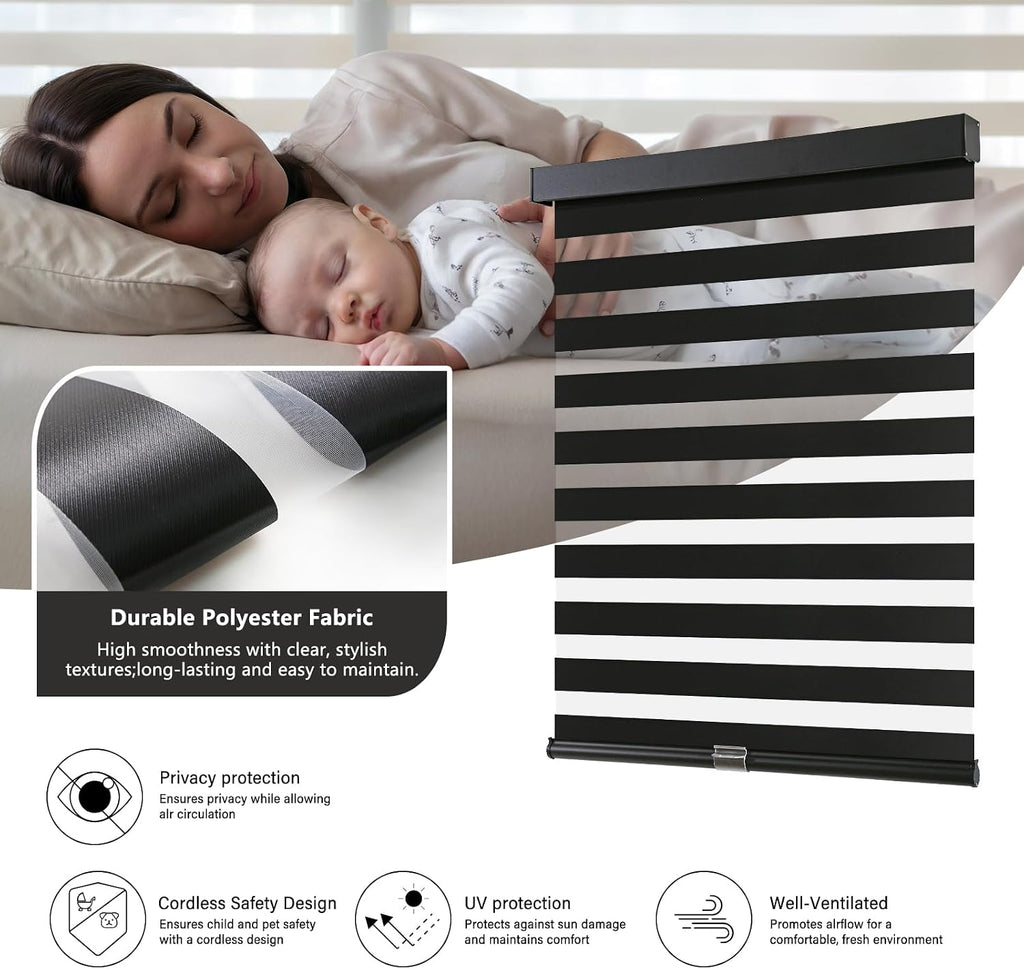 AOSKY Cordless Zebra Blinds for Indoor Windows, 34" W x 72" H, Black