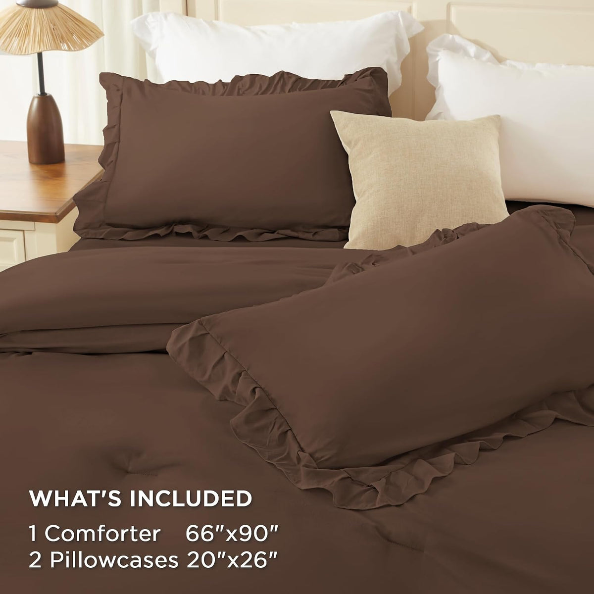 Andency Brown Twin Size Ruffle Comforter Set, 2 Pieces